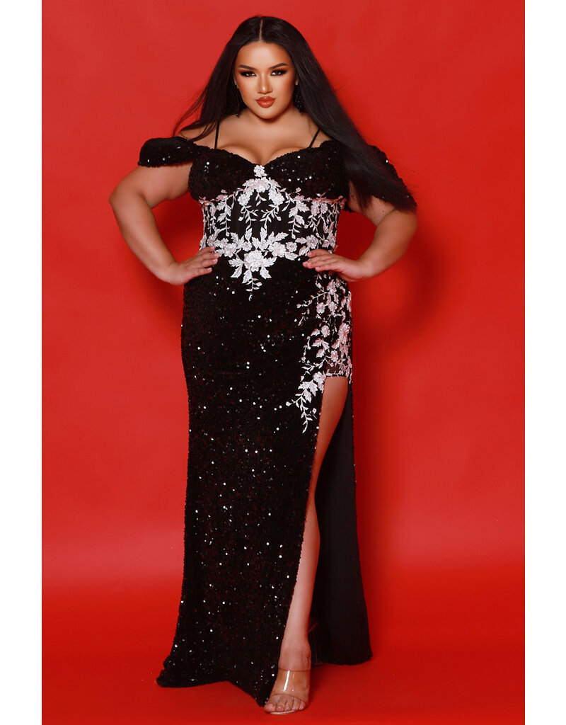 Fitted sequin corset lace off the shoulder bodice gown 2511