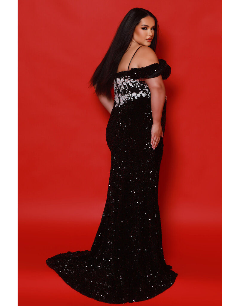 Fitted sequin corset lace off the shoulder bodice gown 2511