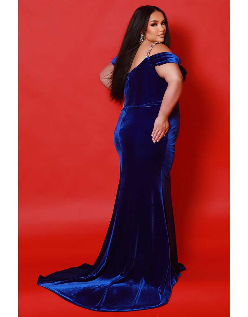 Fitted velvet corset beaded bodice gown w/leg slit JK2514