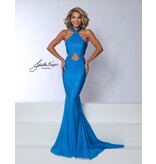 Beaded high neck fit and flare gown w/cut outs 3026