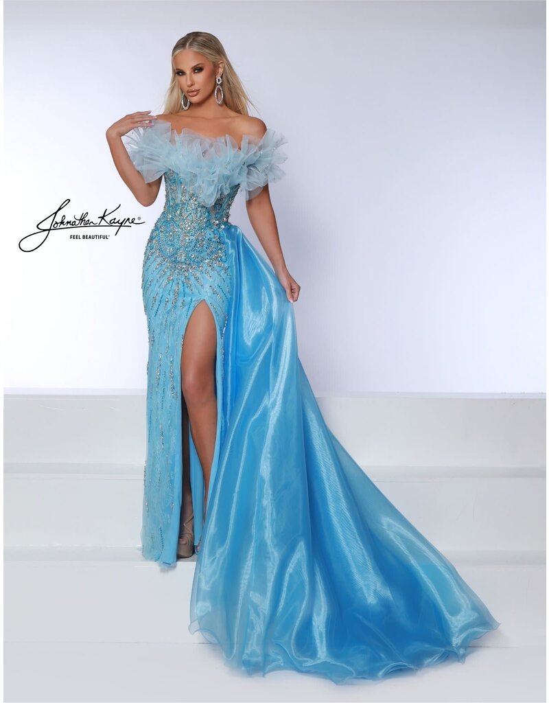 Off the shoulder ruffle beaded fitted gown 3057