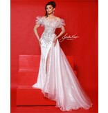 Off the shoulder ruffle beaded fitted gown 3057