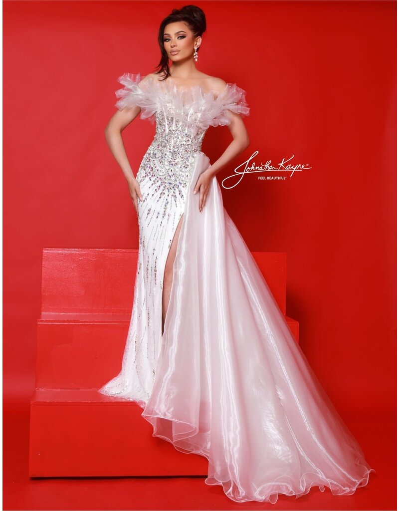 Off the shoulder ruffle beaded fitted gown 3057
