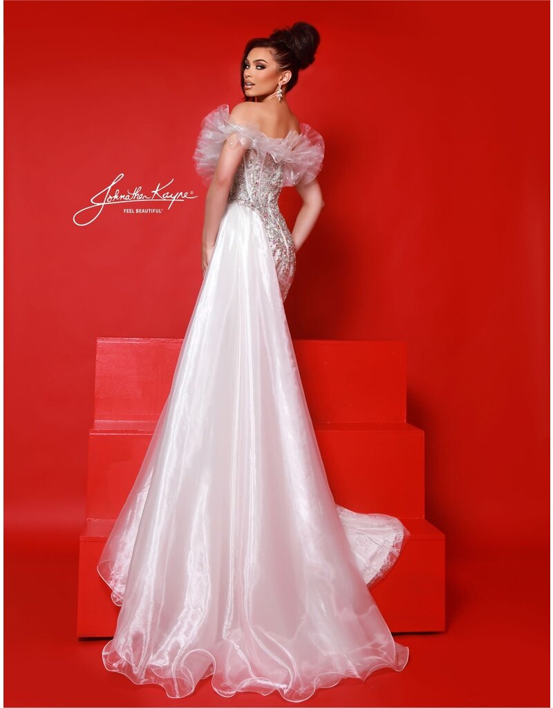 Off the shoulder ruffle beaded fitted gown 3057