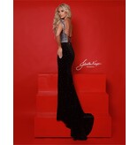 Off the shoulder beaded fringe and bodice velvet fitted gown 3067