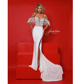 Off the shoulder beaded fringe and bodice velvet fitted gown 3067