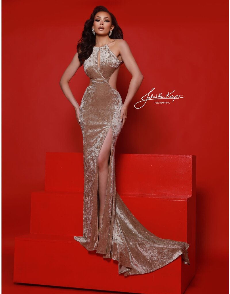 High neck shimmer beaded mesh open back fitted gown 3088