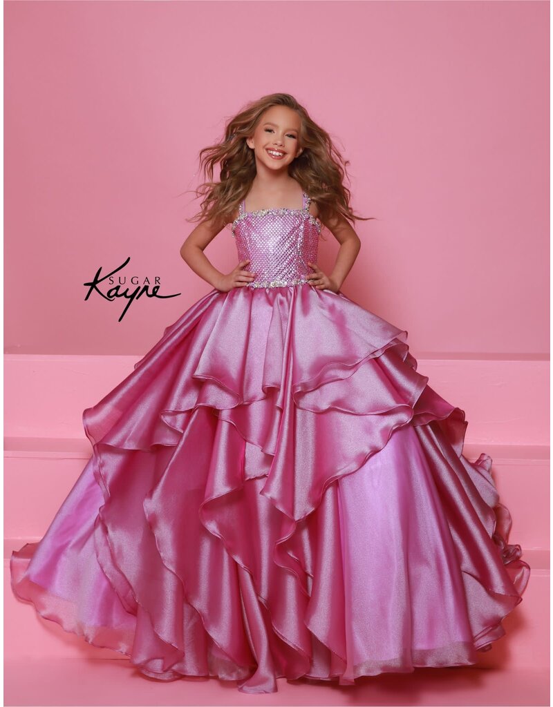 Sugar Kayne Beaded mesh tank organza ruffle ballgown C383