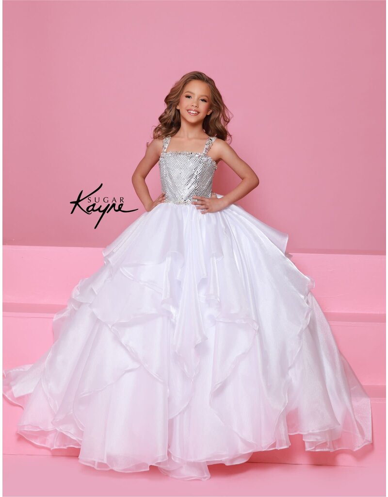 Sugar Kayne Beaded mesh tank organza ruffle ballgown C383