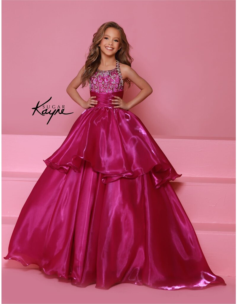 Sugar Kayne Beaded high neck layered organza ballgown C378