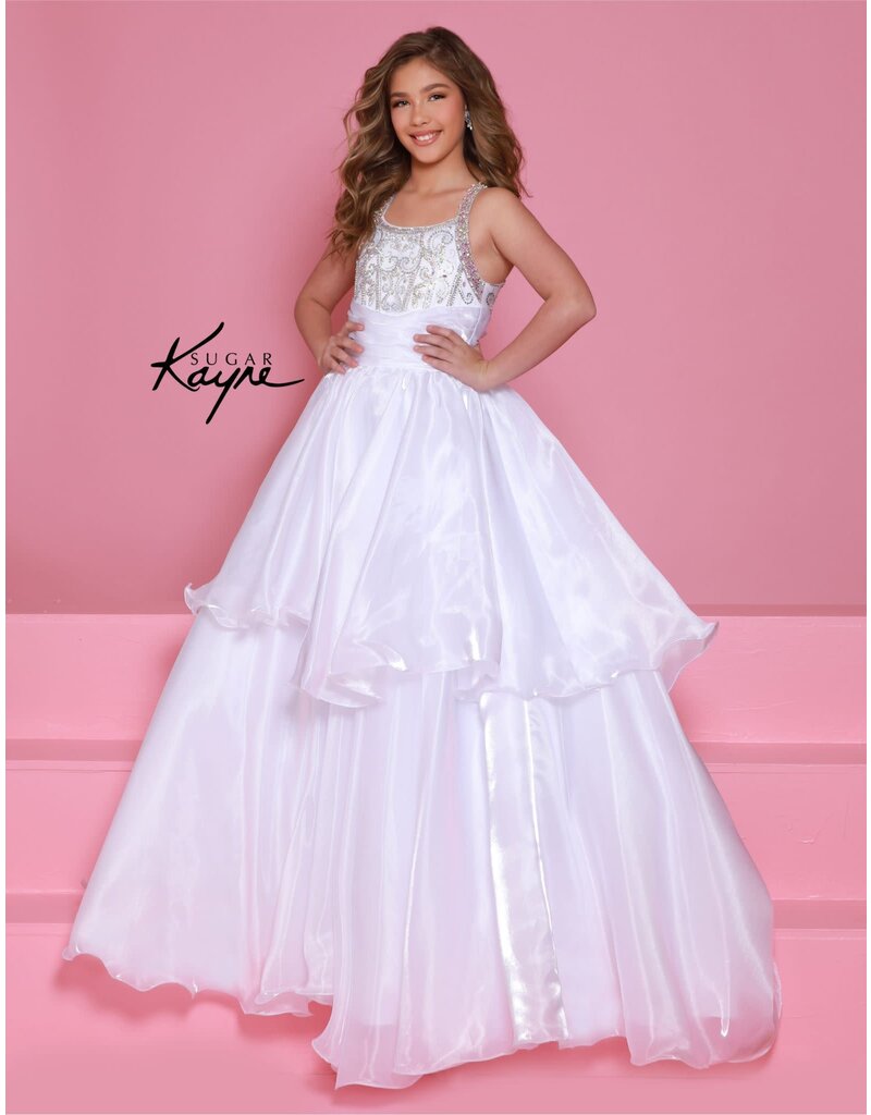 Sugar Kayne Beaded high neck layered organza ballgown C378