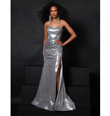 Strapless rouched beaded bodice fit and flare 25273