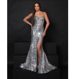 Spaghetti strap fitted metallic sequin fit and flare 25355