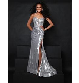 Strapless beaded corset bodice rouched waist fit and flare 25382