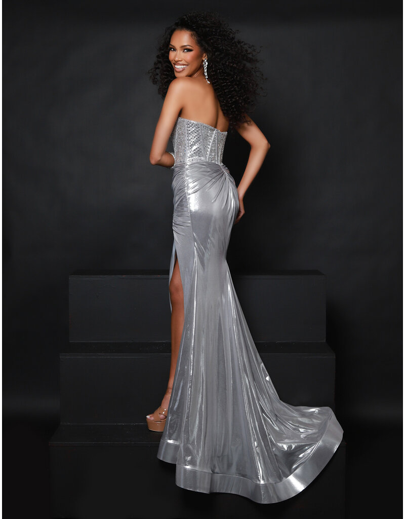 Strapless beaded corset bodice rouched waist fit and flare 25382