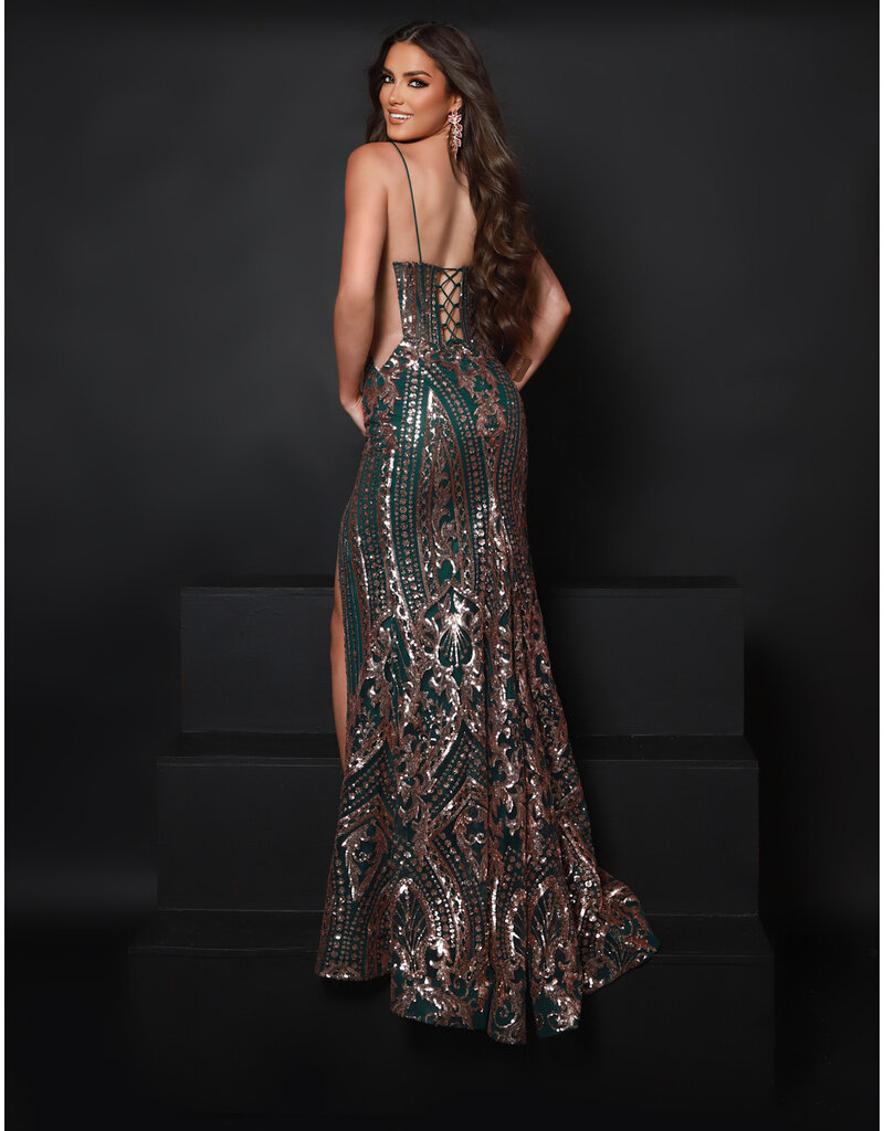 Spaghetti strap v-neck sequin fit and flare 25209