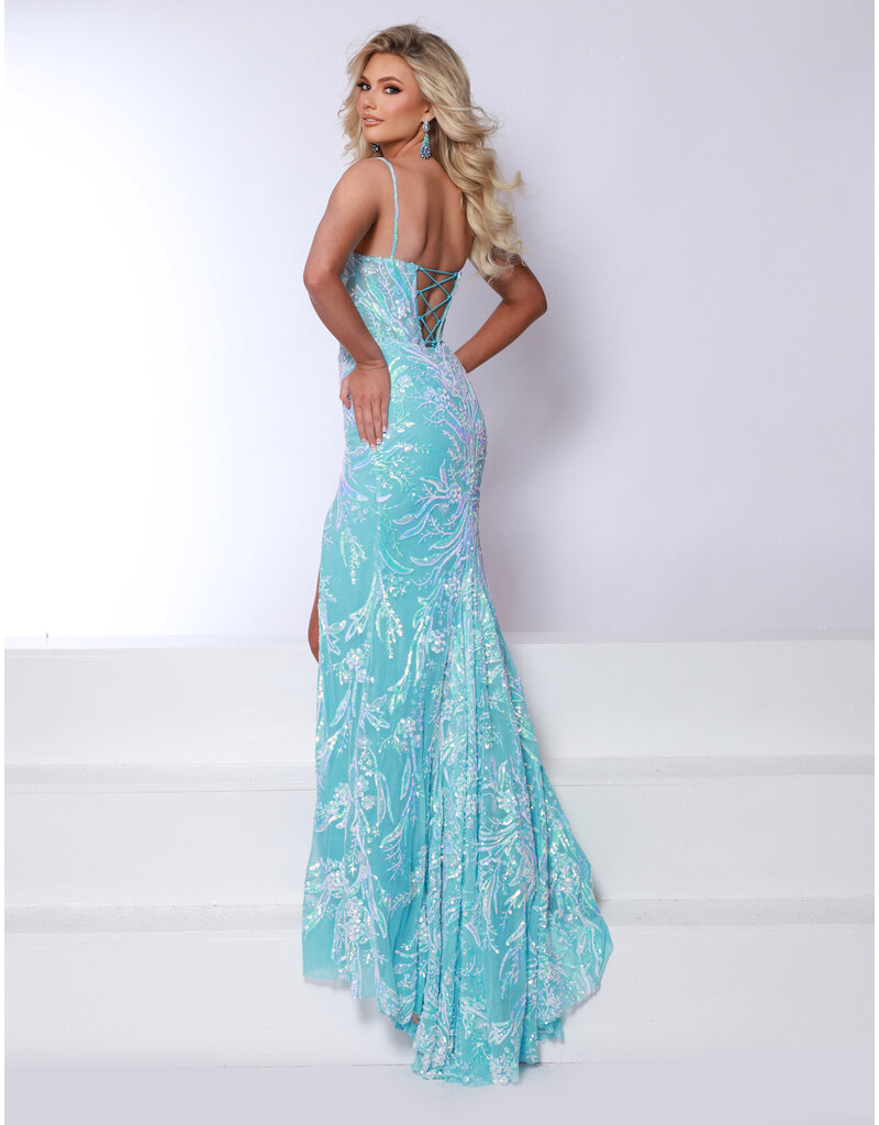 Sequin tank strap fitted gown w/leg slit 25257