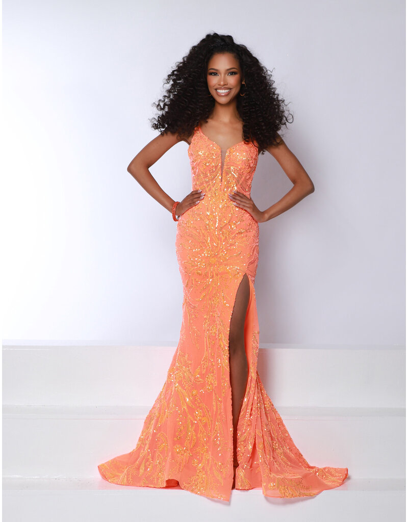 Sequin tank strap fitted gown w/leg slit 25257