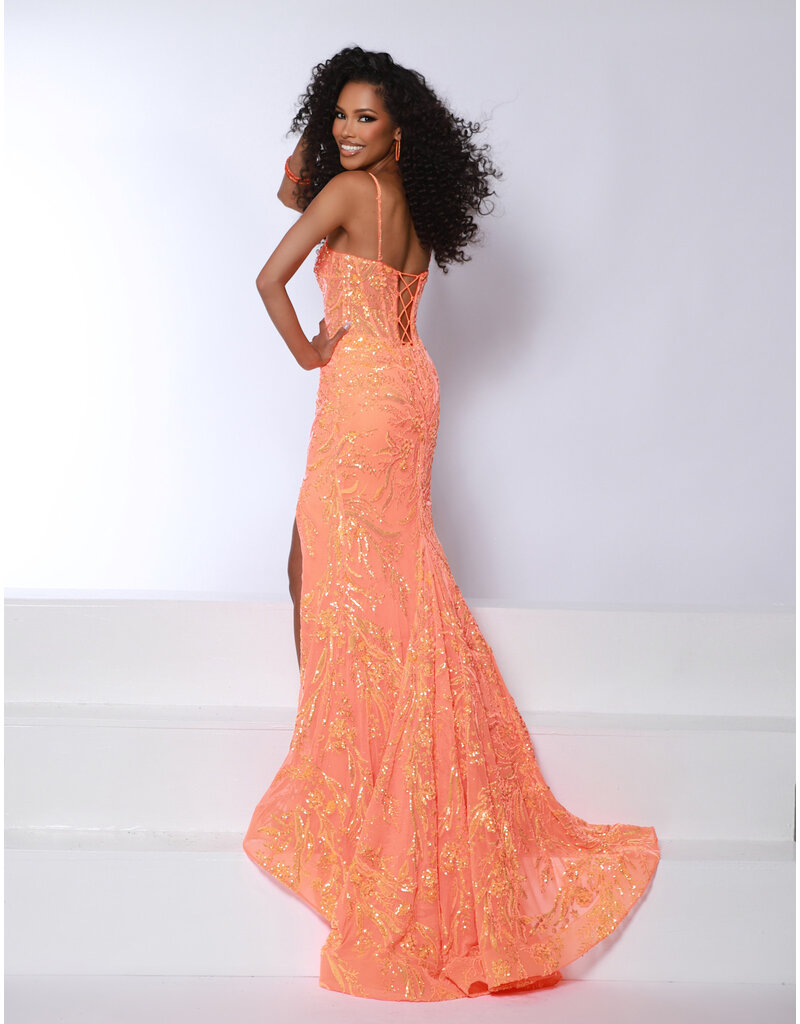 Sequin tank strap fitted gown w/leg slit 25257