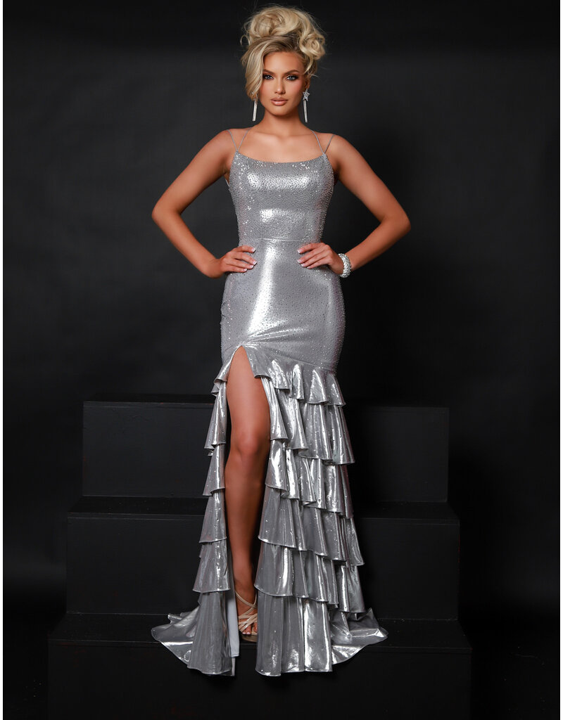 Spaghetti strap beaded metallic ruffle mermaid 25325