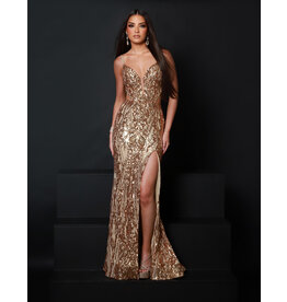 Sequin spaghetti strap fitted open back gown 25449