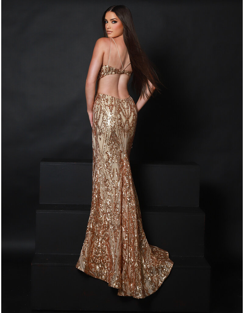 Sequin spaghetti strap fitted open back gown 25449