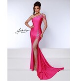 One shoulder rouched beaded gown w/leg slit 3118