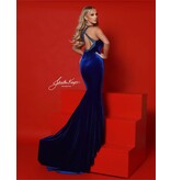 Beaded halter velvet fitted gown w/feather gloves 3095