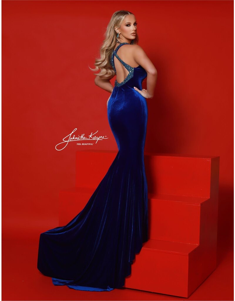 Beaded halter velvet fitted gown w/feather gloves 3095