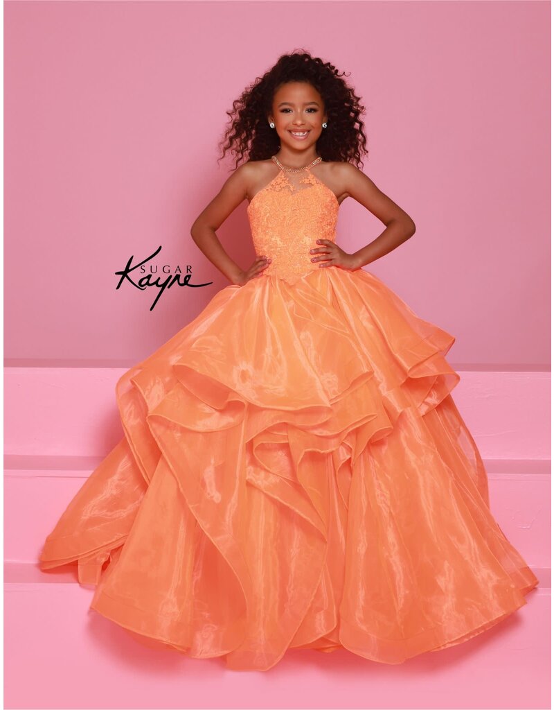 Sugar Kayne High neck lace bodice ruffle ballgown C375