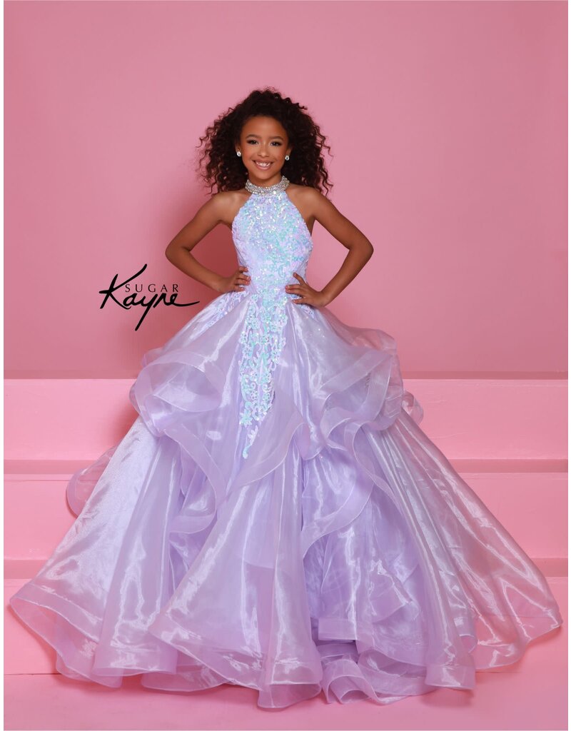 Sugar Kayne High neck sequin lace bodice ruffle ballgown C371
