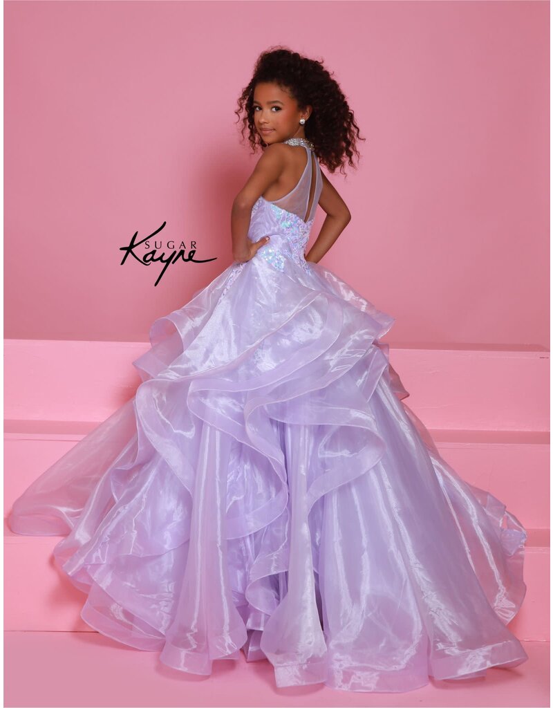Sugar Kayne High neck sequin lace bodice ruffle ballgown C371
