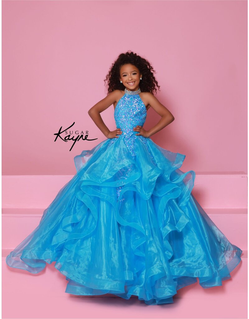 Sugar Kayne High neck sequin lace bodice ruffle ballgown C371
