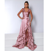 Ruffle shoulder a-line gown w/leg slit 25380