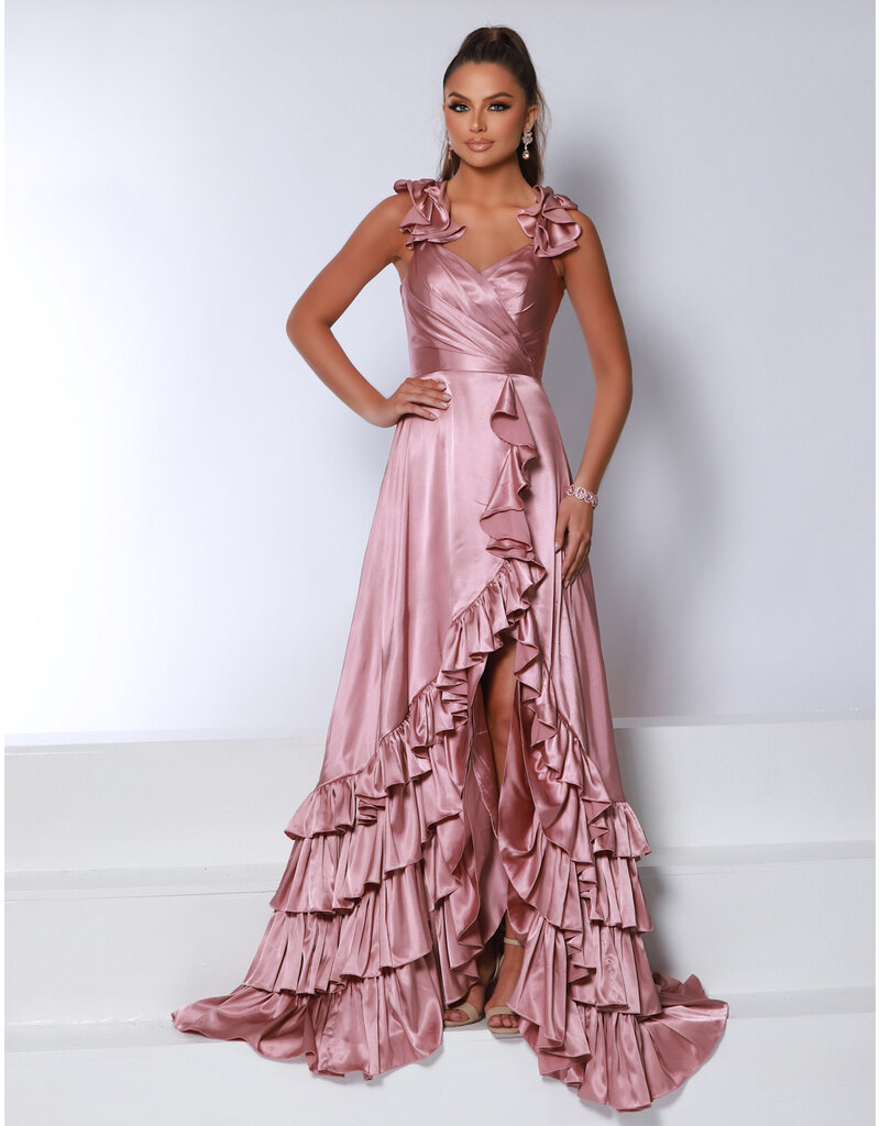 Ruffle shoulder a-line gown w/leg slit 25380