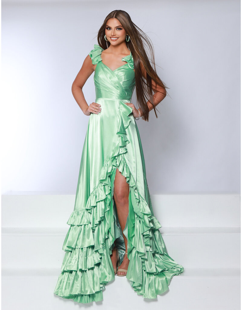 Ruffle shoulder a-line gown w/leg slit 25380