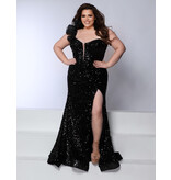 Ruffle one shoulder sequin fitted gown w/leg slit 25353