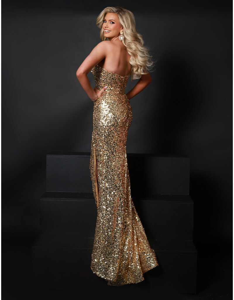 Ruffle one shoulder sequin fitted gown w/leg slit 25353