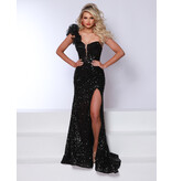 Ruffle one shoulder sequin fitted gown w/leg slit 25353