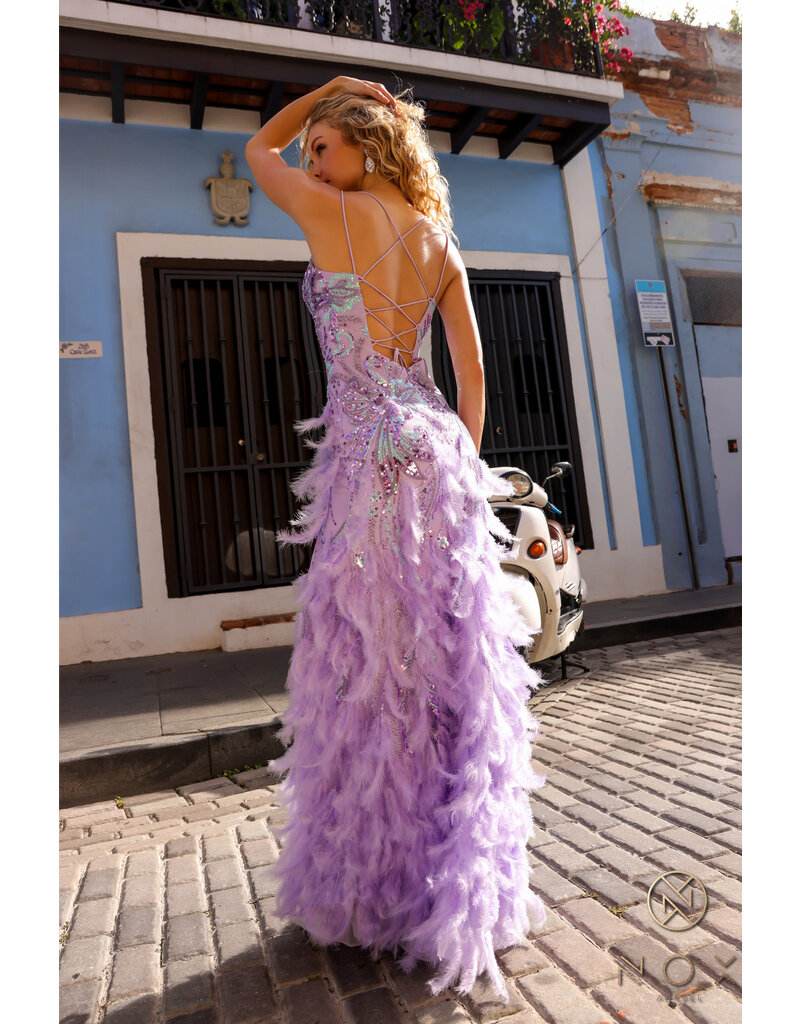 Spaghetti strap beaded drop waist feather skirt gown C1413