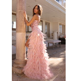Spaghetti strap beaded drop waist feather skirt gown C1413