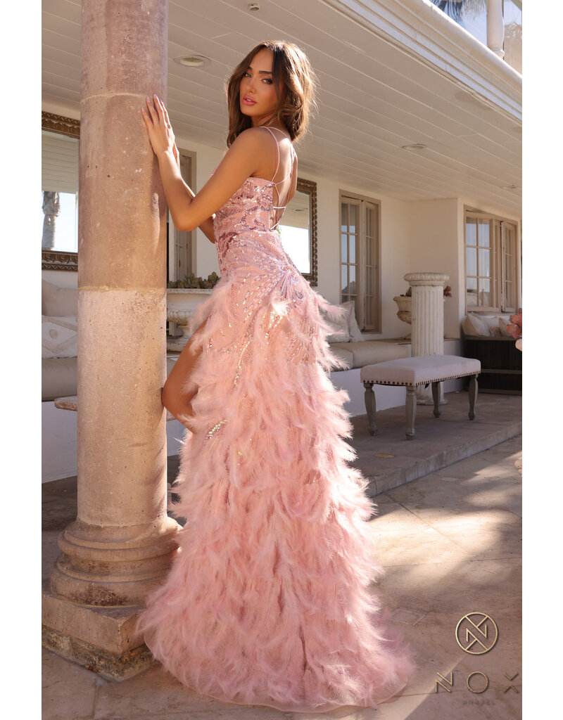 Spaghetti strap beaded drop waist feather skirt gown C1413