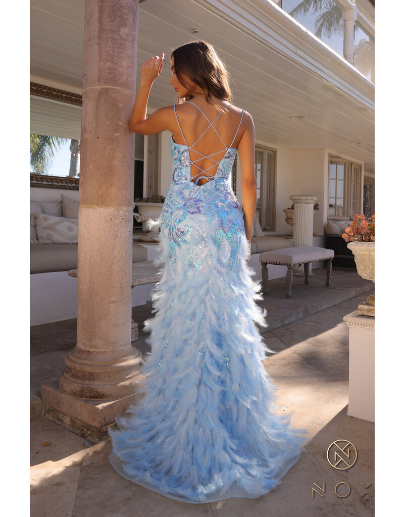 Spaghetti strap beaded drop waist feather skirt gown C1413