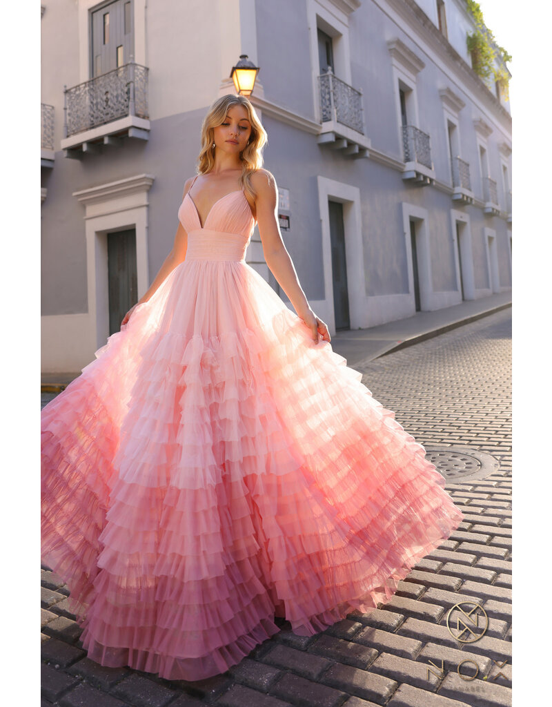 Spaghetti strap ruffle ombre ballgown C1420