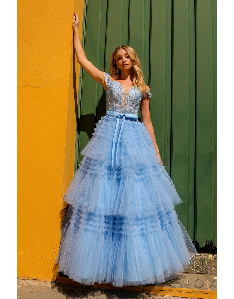 Off the shoulder lace bodice ruffle ballgown E1293