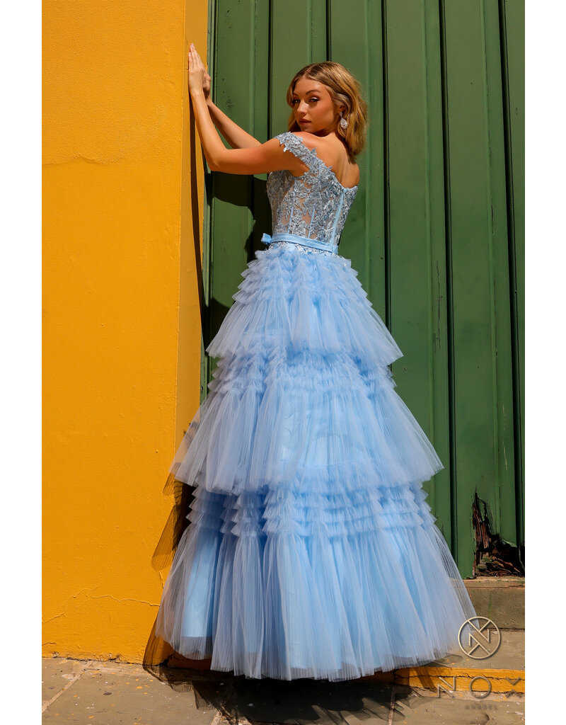 Off the shoulder lace bodice ruffle ballgown E1293