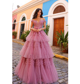 Off the shoulder lace bodice ruffle ballgown E1293
