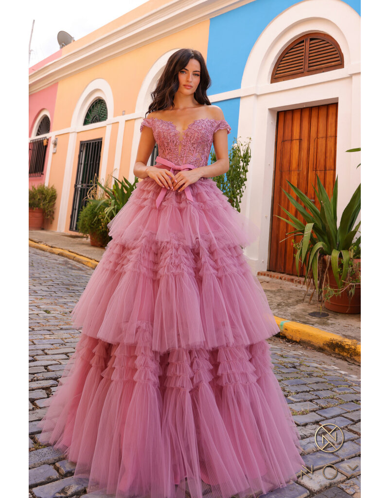 Off the shoulder lace bodice ruffle ballgown E1293