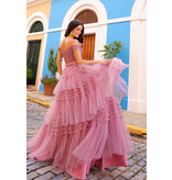 Off the shoulder lace bodice ruffle ballgown E1293