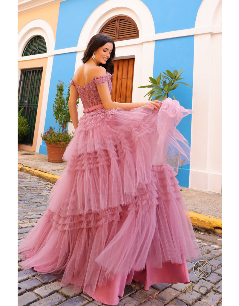 Off the shoulder lace bodice ruffle ballgown E1293